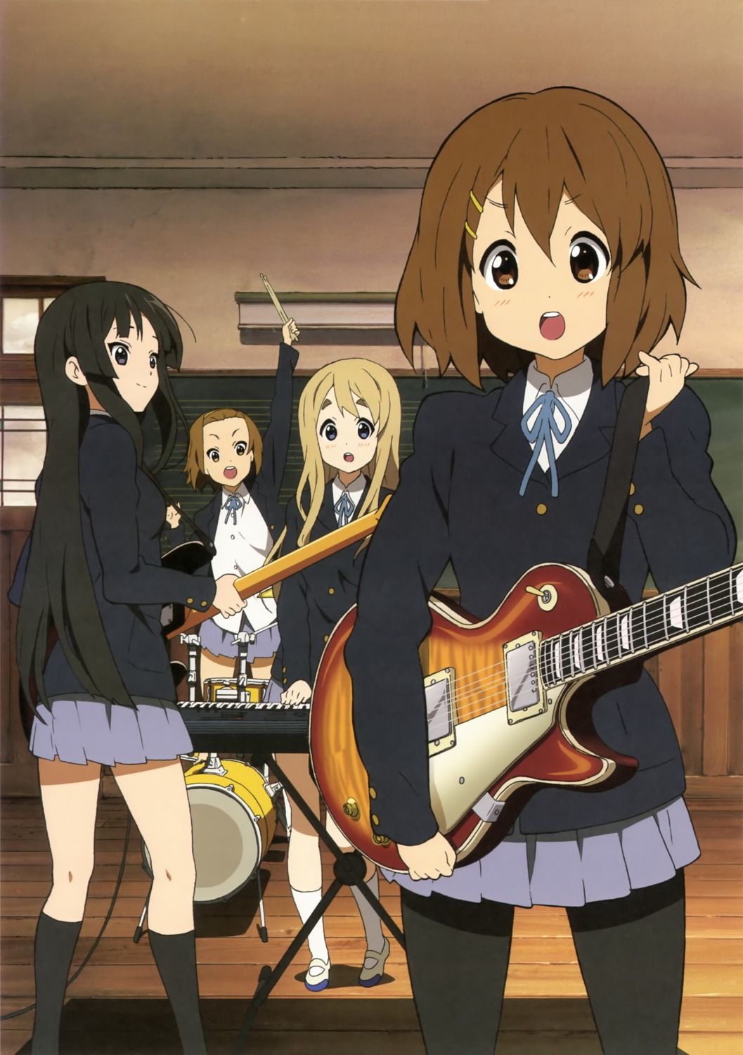 akiyama_mio guitar hirasawa_yui jpeg_artifacts k-on! kigami_yoshiji kotobuki_tsumugi pantyhose seifuku tainaka_ritsu