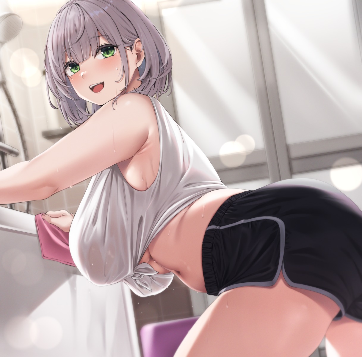 hololive moisture_(chichi) no_bra see_through shirogane_noel shirt_lift wet wet_clothes