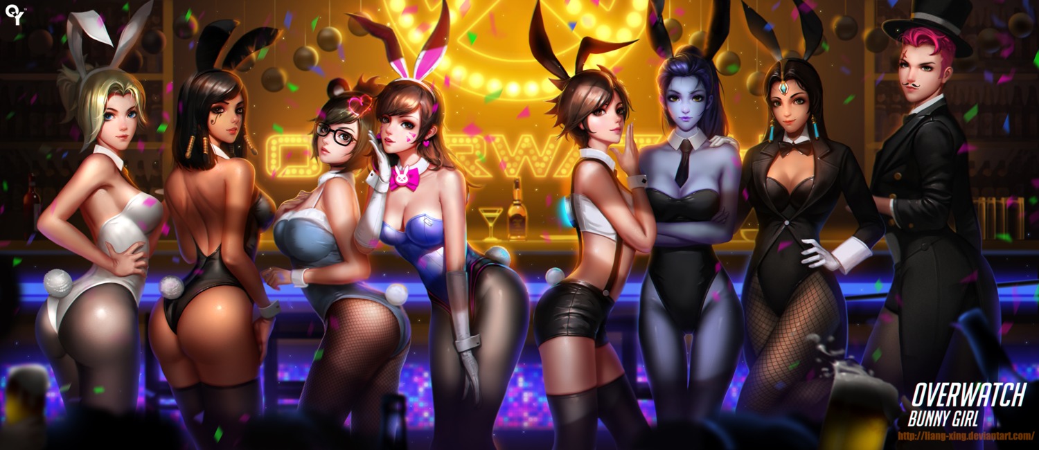 animal_ears ass bunny_ears bunny_girl cleavage d.va fishnets liang_xing megane mei_(overwatch) mercy_(overwatch) no_bra nopan overwatch pantyhose pharah symmetra_(overwatch) tail thighhighs tracer widowmaker zarya