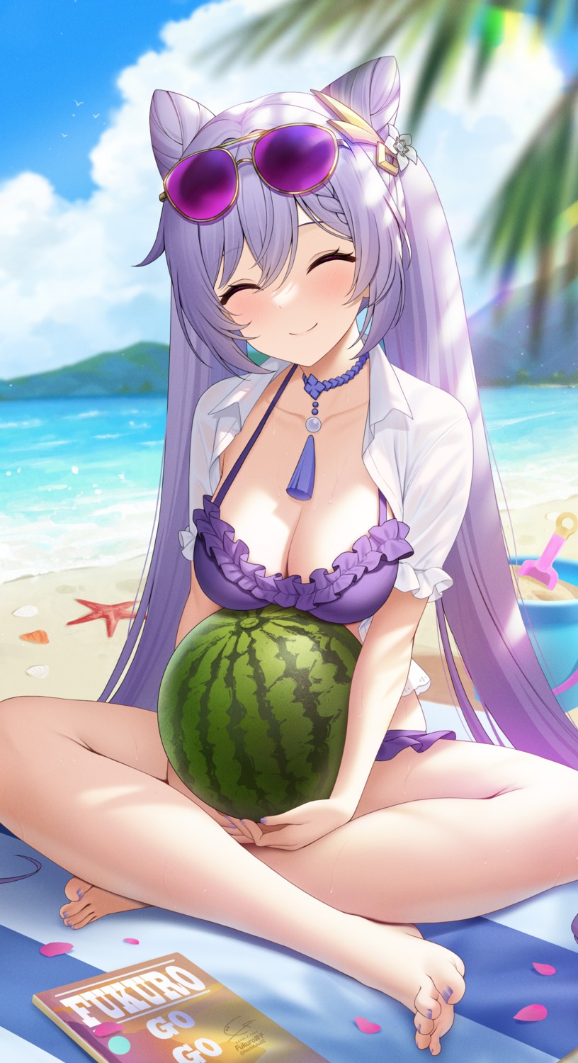 bikini cleavage fukuro_ko_(greentea) genshin_impact keqing megane open_shirt see_through swimsuits