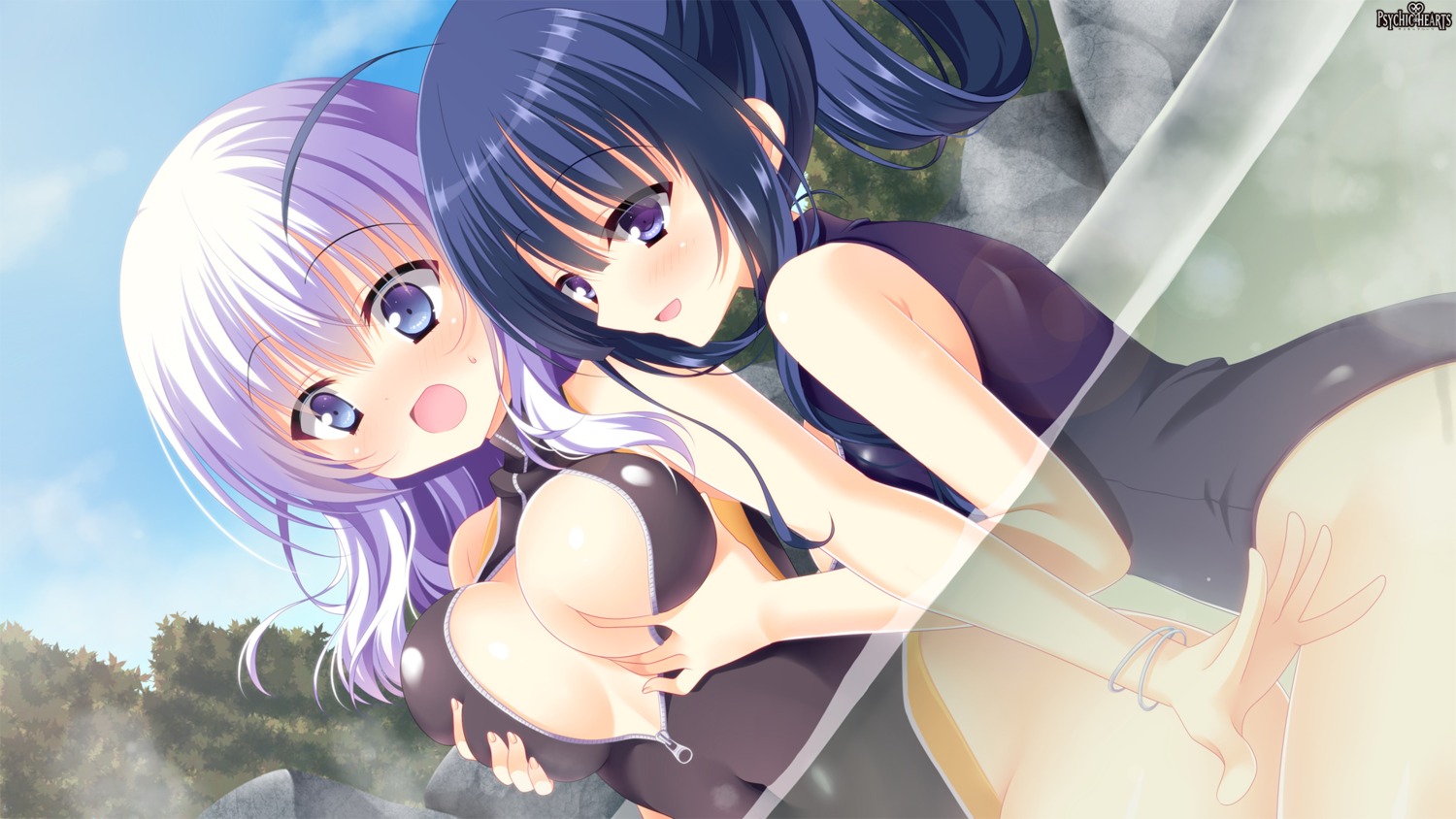 breast_grab cleavage kuroiwa_ringo open_shirt psychic_hearts shirausu_sanae swimsuits wallpaper yuri yuyumatsu