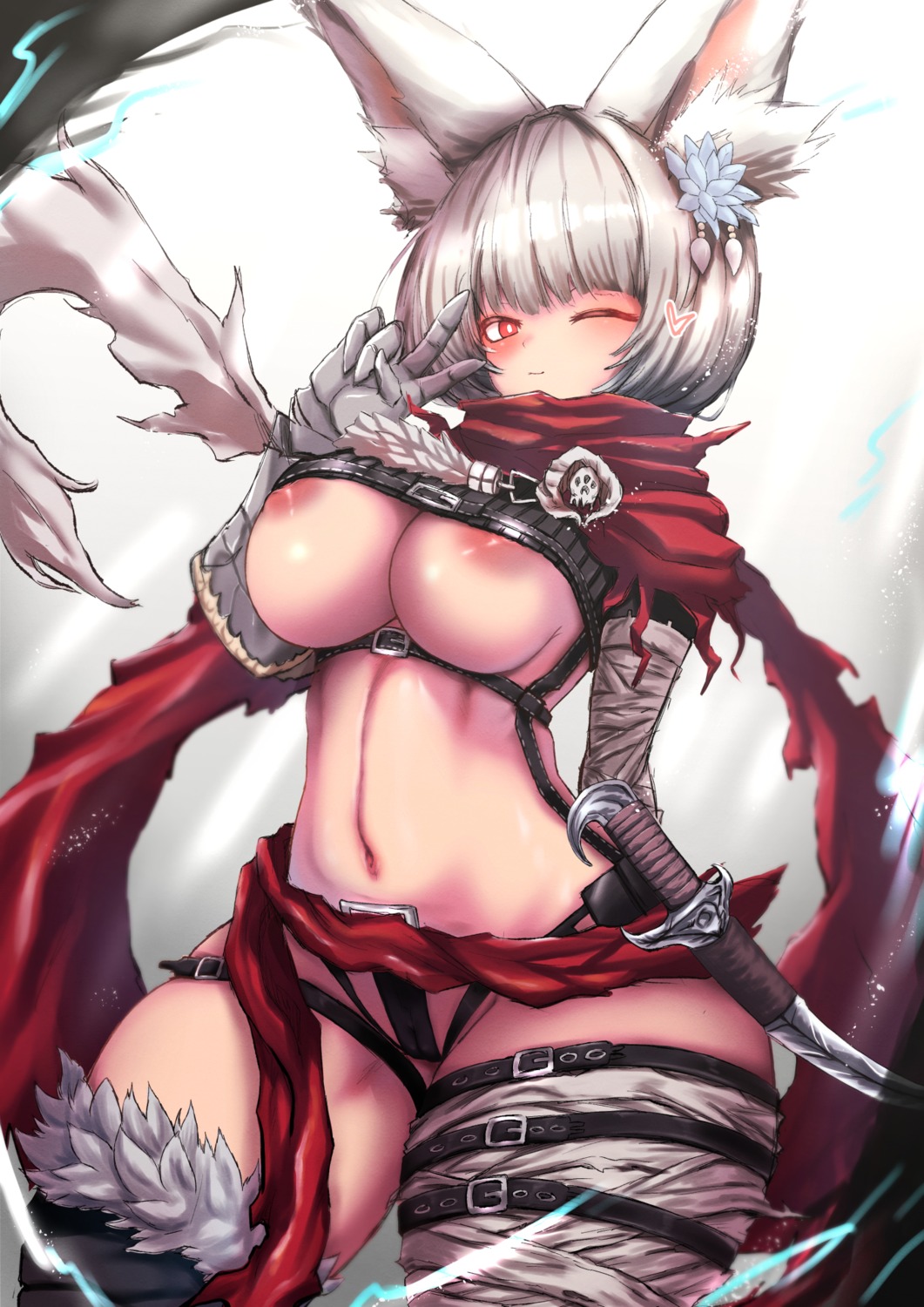 animal_ears bandages cameltoe garter nipple_slip no_bra pantsu sho_(wnmf3234) thighhighs weapon