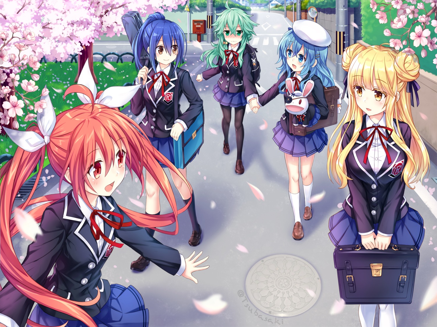 date_a_live himekawa_yoshino hoshimiya_mukuro itsuka_kotori kyouno_natsumi pantyhose seifuku skirt_lift takamiya_mana tsubasaki yuri