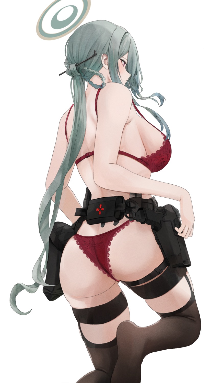 ass blue_archive bra fte_(fifteen_199) garter gun halo konoe_mina pantsu stockings thighhighs thong