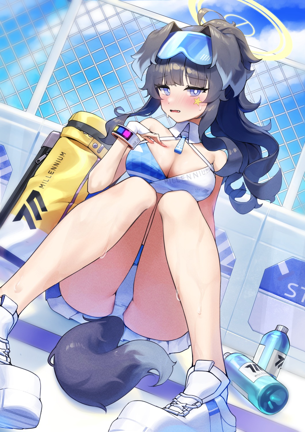 animal_ears blue_archive cheerleader halo inumimi nekozuka_hibiki pantsu sbgu skirt_lift tail tattoo wet