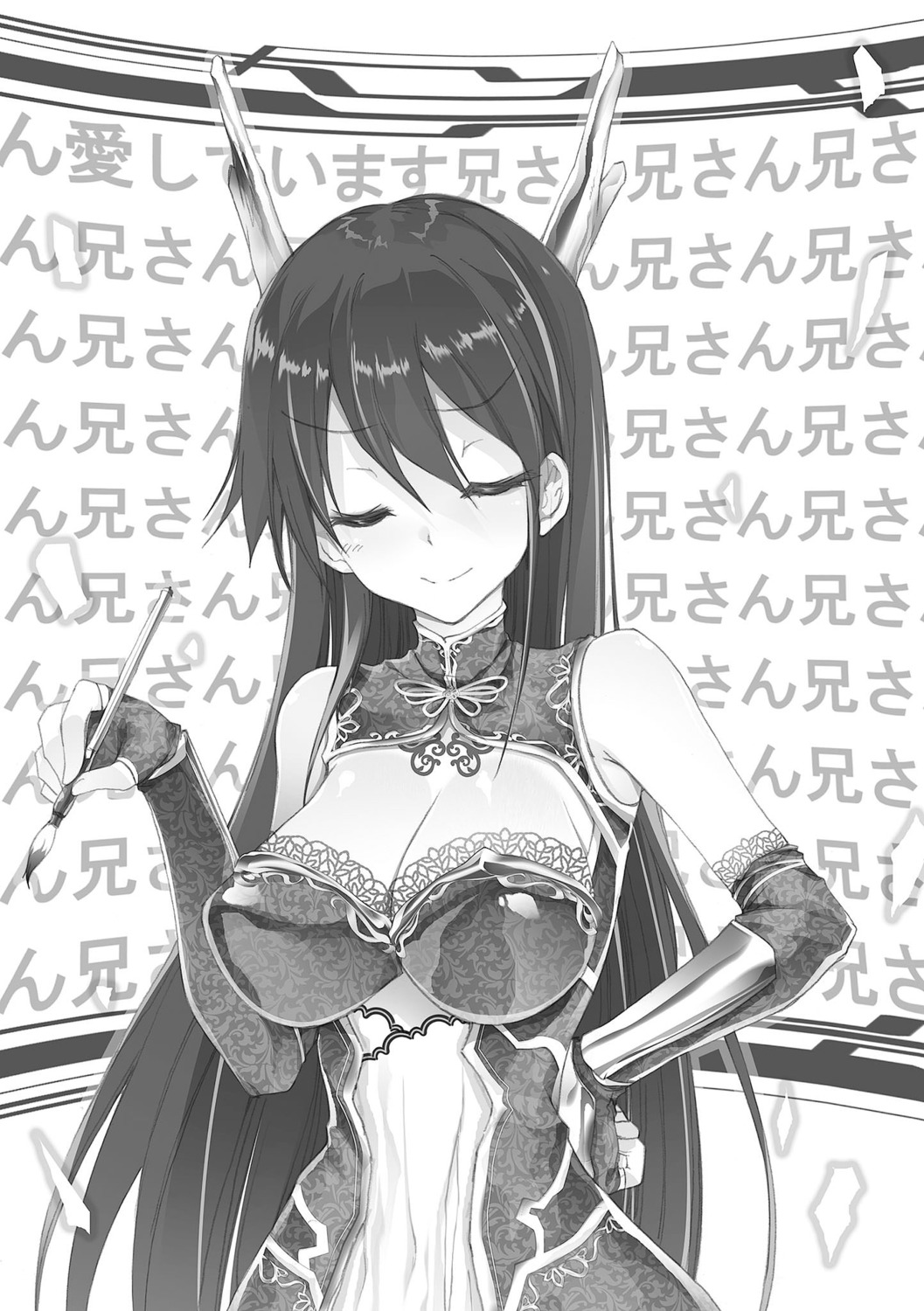 asian_clothes cleavage erect_nipples horns monochrome shin_sangokushimai won_(az_hybrid)