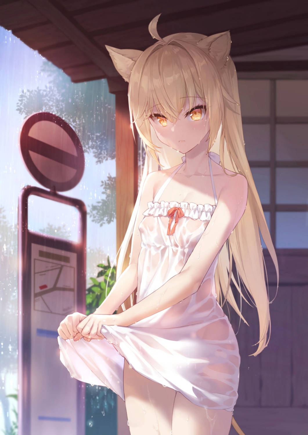 animal_ears demmy dress erect_nipples indie_virtual_youtuber no_bra nopan rurudo_lion see_through skirt_lift summer_dress tail wet wet_clothes