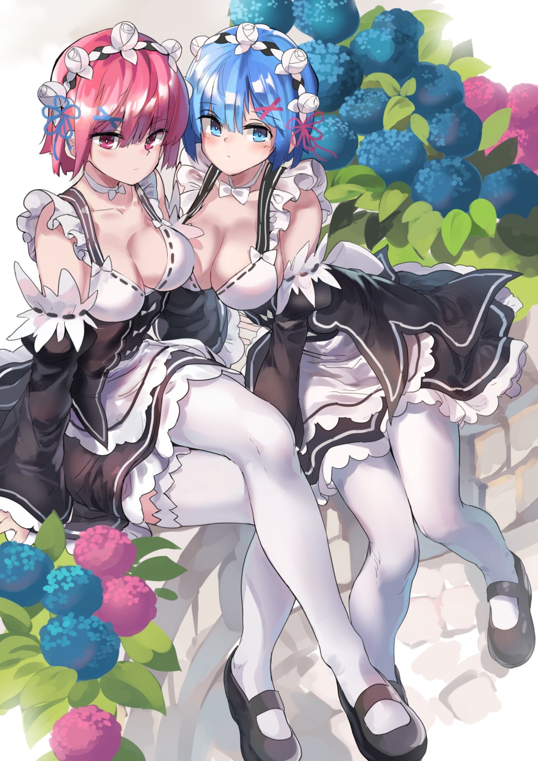 cleavage huanxiang_huifeng maid no_bra ram_(re_zero) re_zero_kara_hajimeru_isekai_seikatsu rem_(re_zero) thighhighs