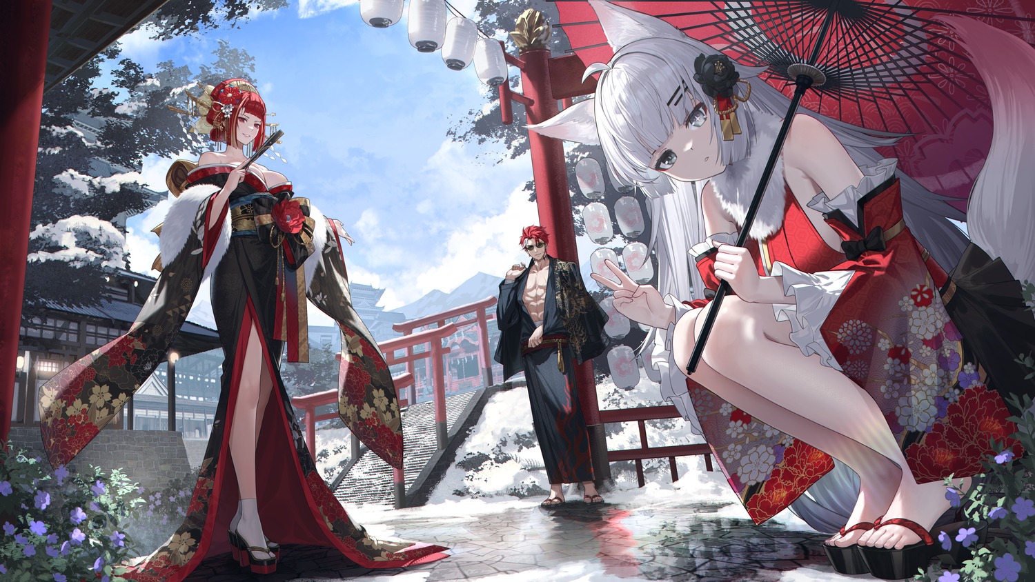 animal_ears cc_xiaotintin japanese_clothes kimono megane no_bra open_shirt punishing:_gray_raven tail umbrella