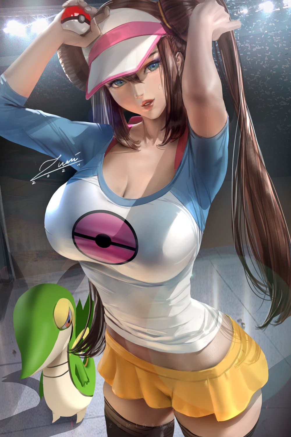 cleavage mei_(pokemon) pokemon pokemon_b2w2 snivy thighhighs zumi_(zumidraws)