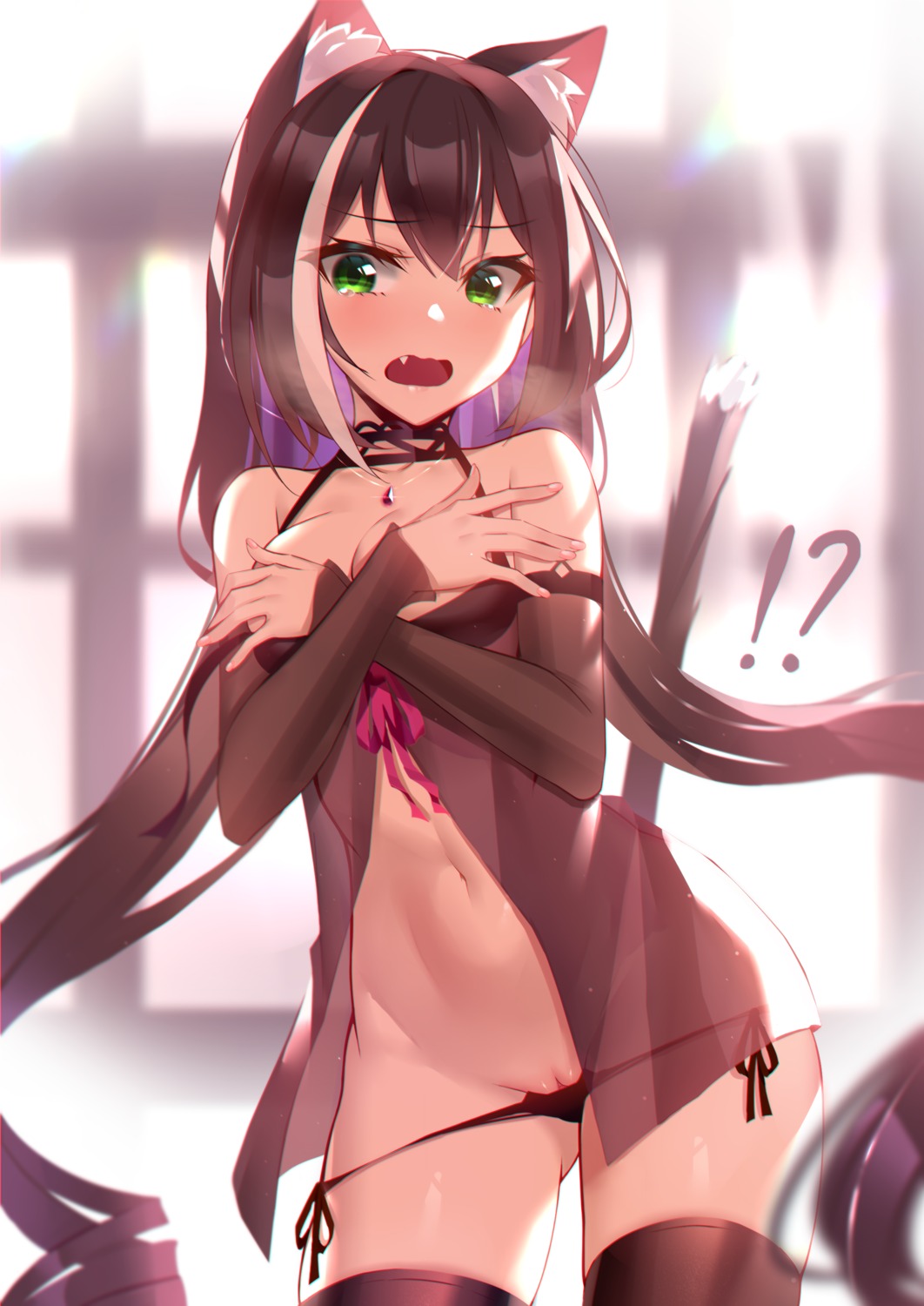 animal_ears black_fire breast_hold karyl_(princess_connect) lingerie nekomimi no_bra pantsu panty_pull princess_connect princess_connect!_re:dive pussy see_through string_panties tail thighhighs uncensored