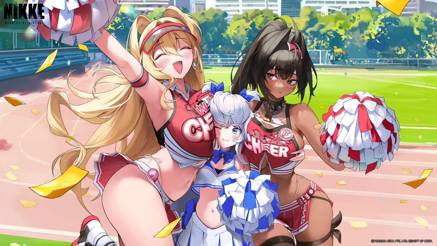 bandaid bay breast_grab cheerleader clay_(nikke) garter nikke_the_goddess_of_victory no_bra pantsu poli_(nikke) see_through skirt_lift string_panties tattoo thighhighs tigermtang wallpaper yuri