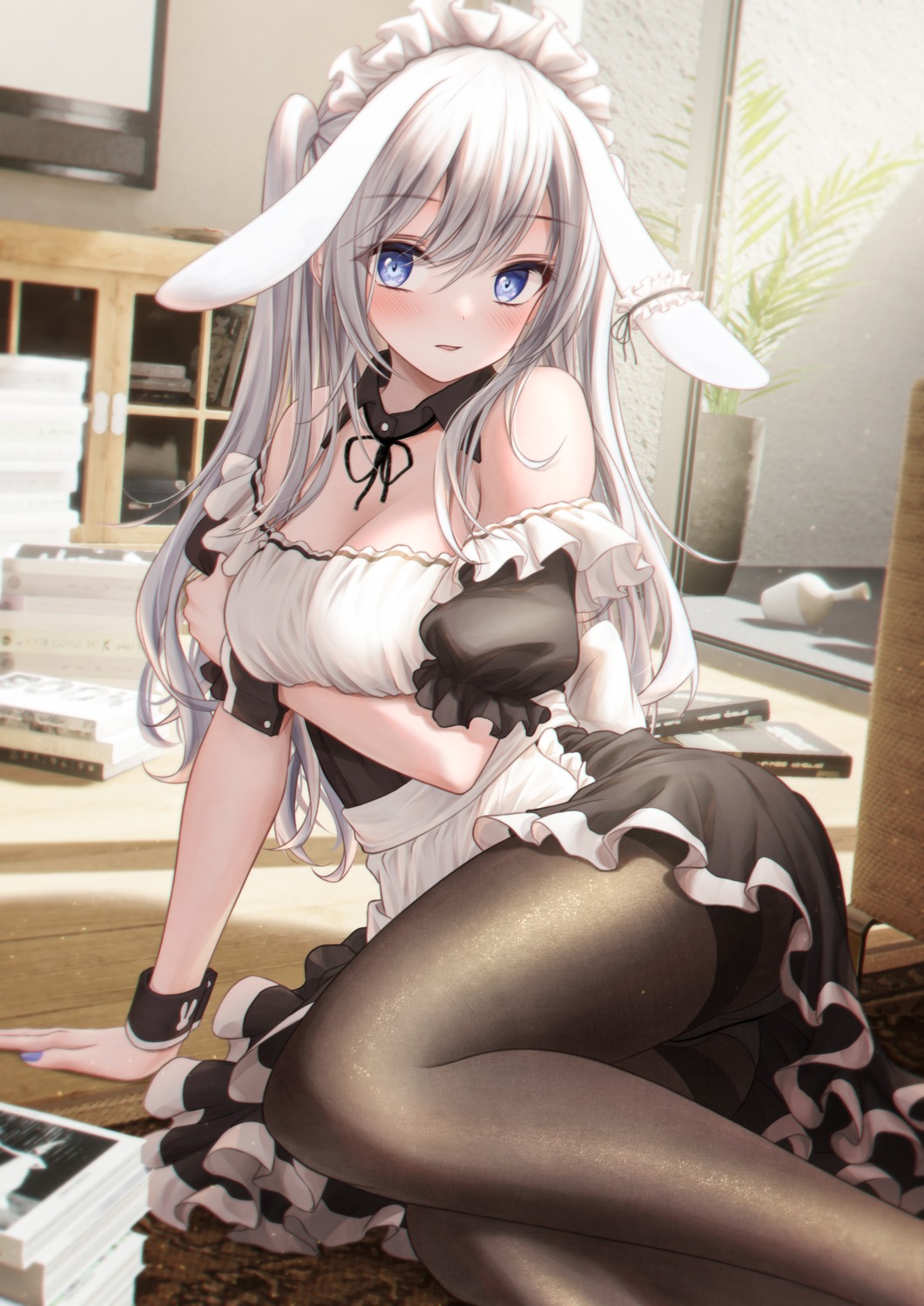 animal_ears bae.c breast_hold bunny_ears maid pantyhose