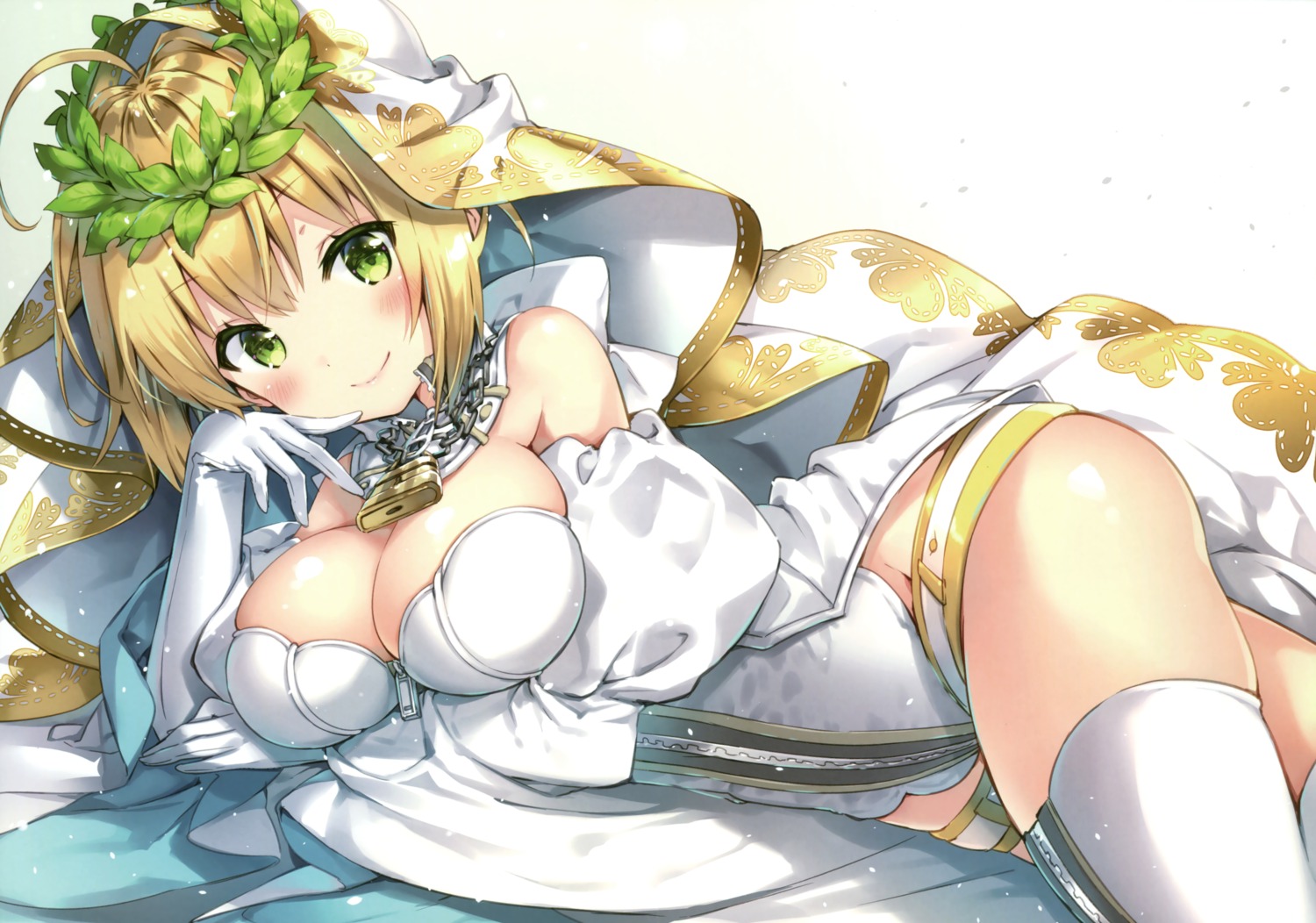 breast_hold cleavage eterna fate/extra fate/extra_ccc fate/grand_order fate/stay_night riichu saber_bride saber_extra thighhighs