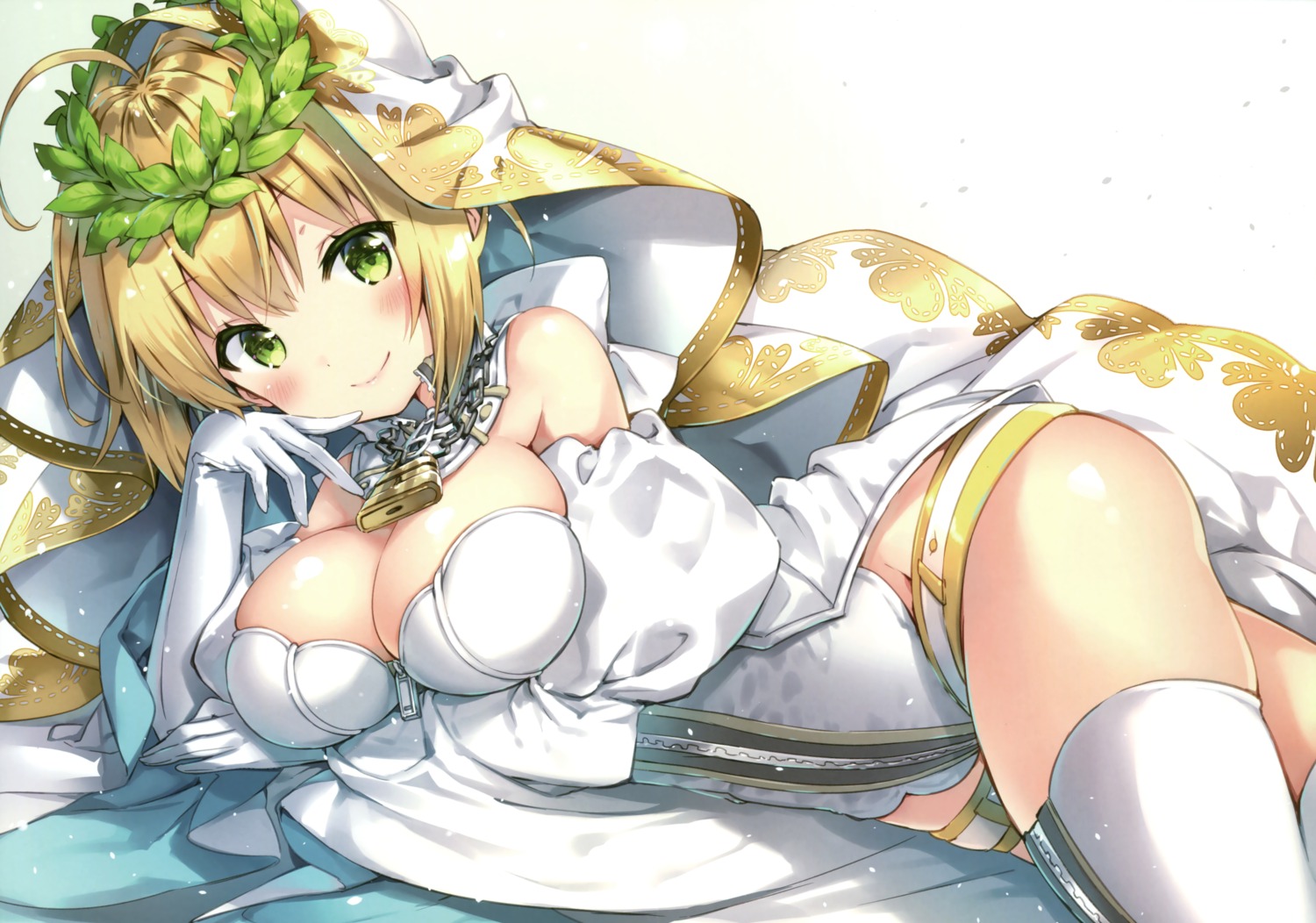 breast_hold cleavage eterna-radiare fate/extra fate/extra_ccc fate/grand_order fate/stay_night riichu saber_bride saber_extra thighhighs