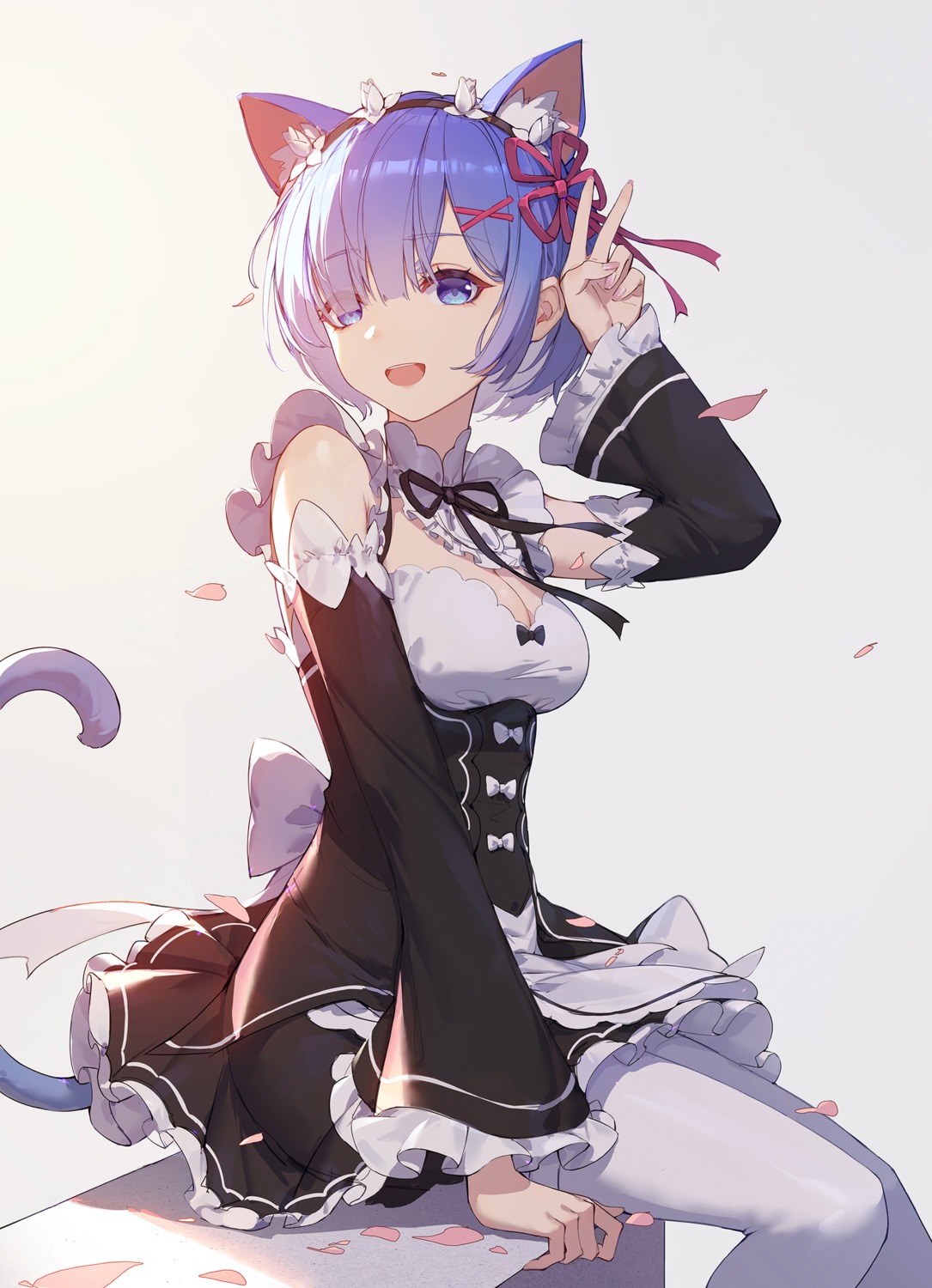 animal_ears cleavage lance_(lancelliu) maid nekomimi pantyhose re_zero_kara_hajimeru_isekai_seikatsu rem_(re_zero) tail