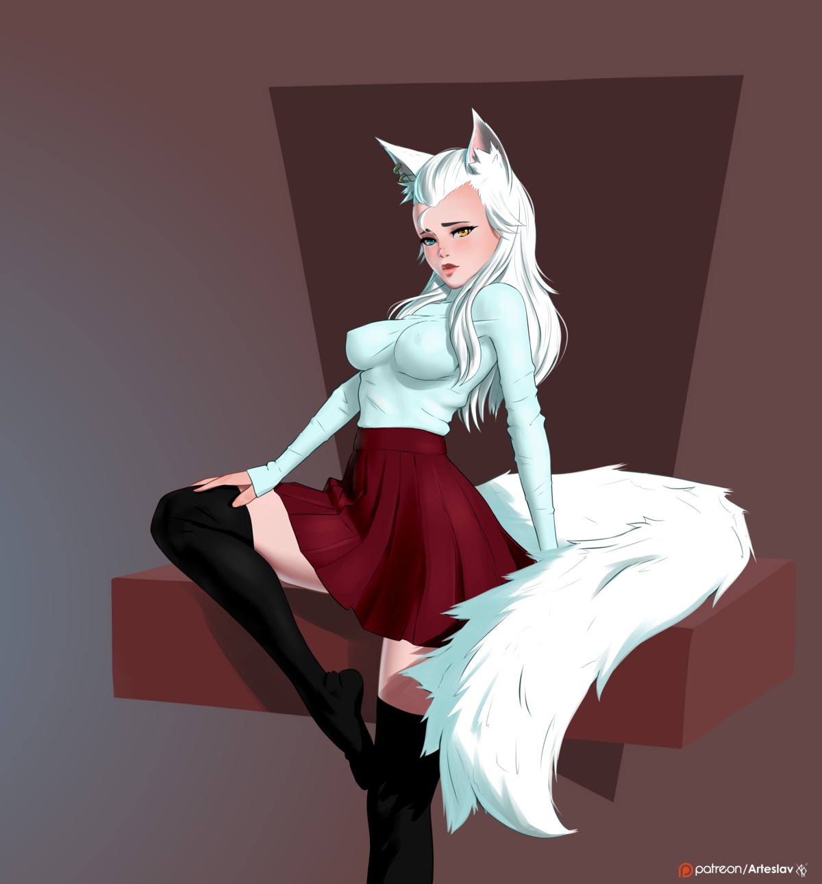 animal_ears arteslav erect_nipples skirt_lift sweater tail thighhighs