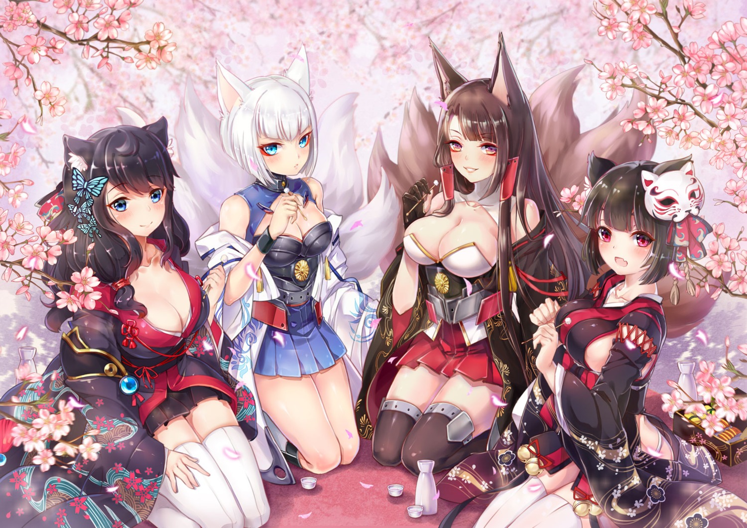 akagi_(azur_lane) animal_ears azur_lane cleavage death-the-cat fusou_(azur_lane) japanese_clothes kaga_(azur_lane) kitsune no_bra open_shirt tail thighhighs yamashiro_(azur_lane)