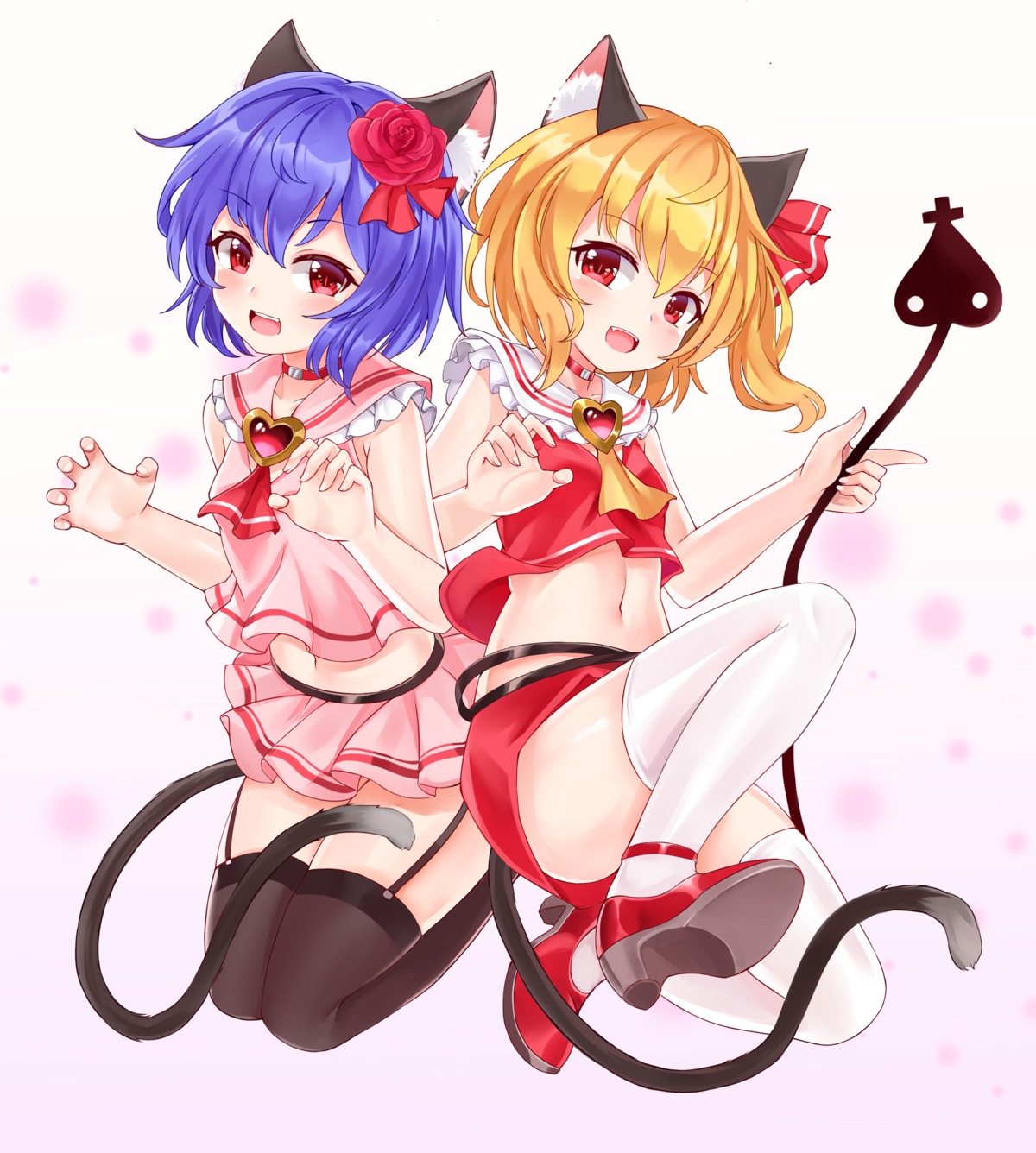 animal_ears bushi_(1622035441) flandre_scarlet heels nekomimi remilia_scarlet stockings tail thighhighs touhou