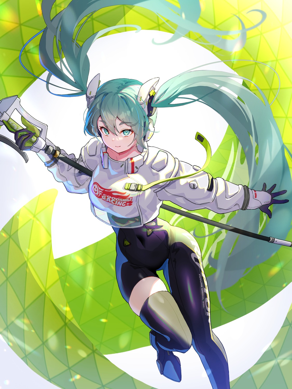 goodsmile_racing hatsune_miku headphones kurohanesawa racing_miku thighhighs vocaloid