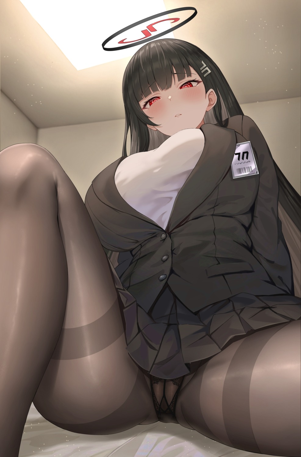 blue_archive business_suit cameltoe halo pantsu pantyhose roina_(effj7473) skirt_lift sweater tsukatsuki_rio