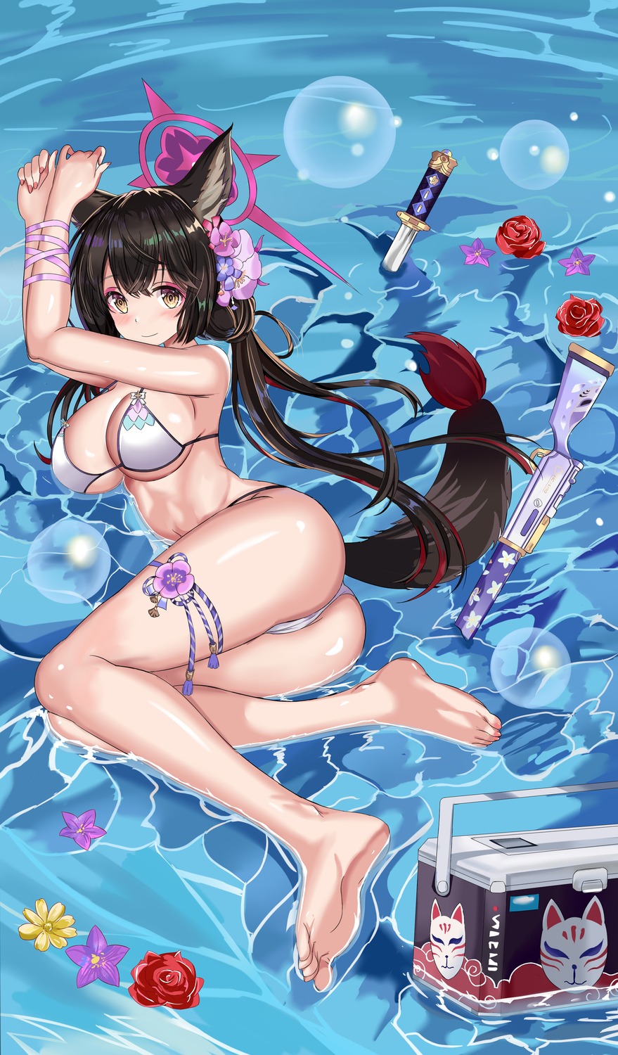 animal_ears bikini blue_archive bondage cameltoe feet garter halo kirisameaoto kitsune kosaka_wakamo swimsuits tail wet