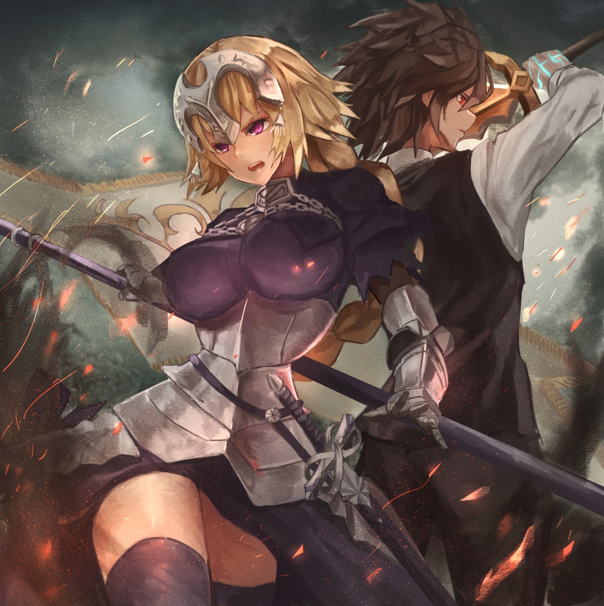 armor fate/apocrypha fate/stay_night jeanne_d'arc jeanne_d'arc_(fate) plaster_(2501) sieg_(fate/apocrypha) sword thighhighs