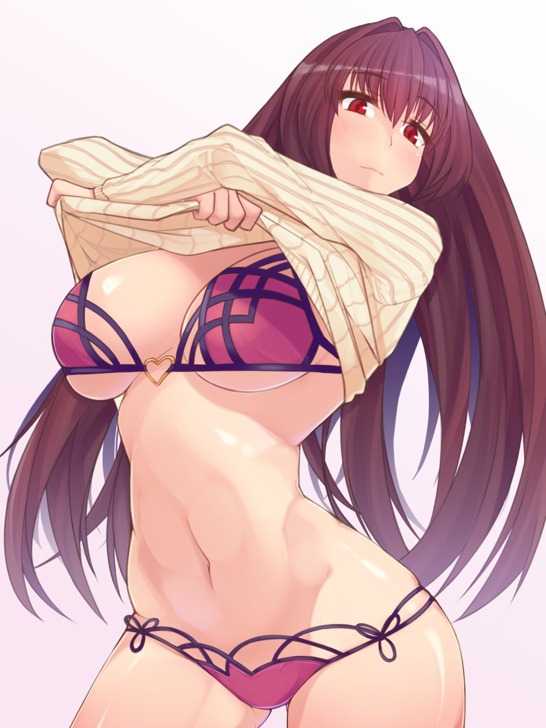 bikini cleavage dura fate/grand_order scathach_(fate/grand_order) shirt_lift sweater swimsuits underboob undressing