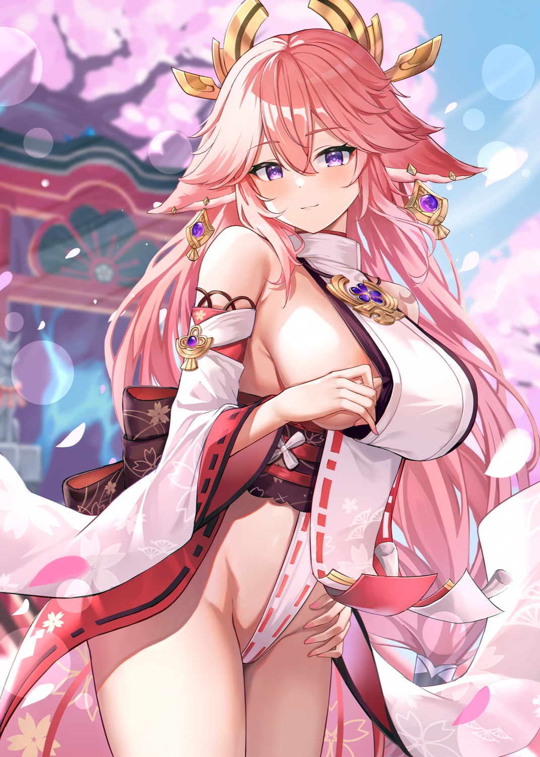 animal_ears eric_(tianqijiang) genshin_impact japanese_clothes no_bra nopan yae_miko