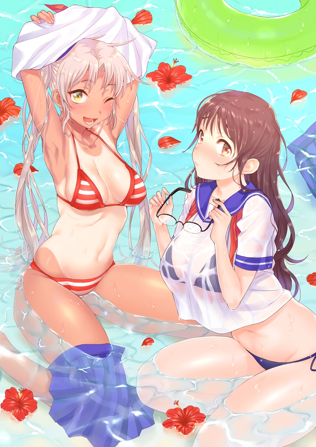 bikini cleavage megane nanatsu see_through seifuku swimsuits tan_lines undressing wet wet_clothes