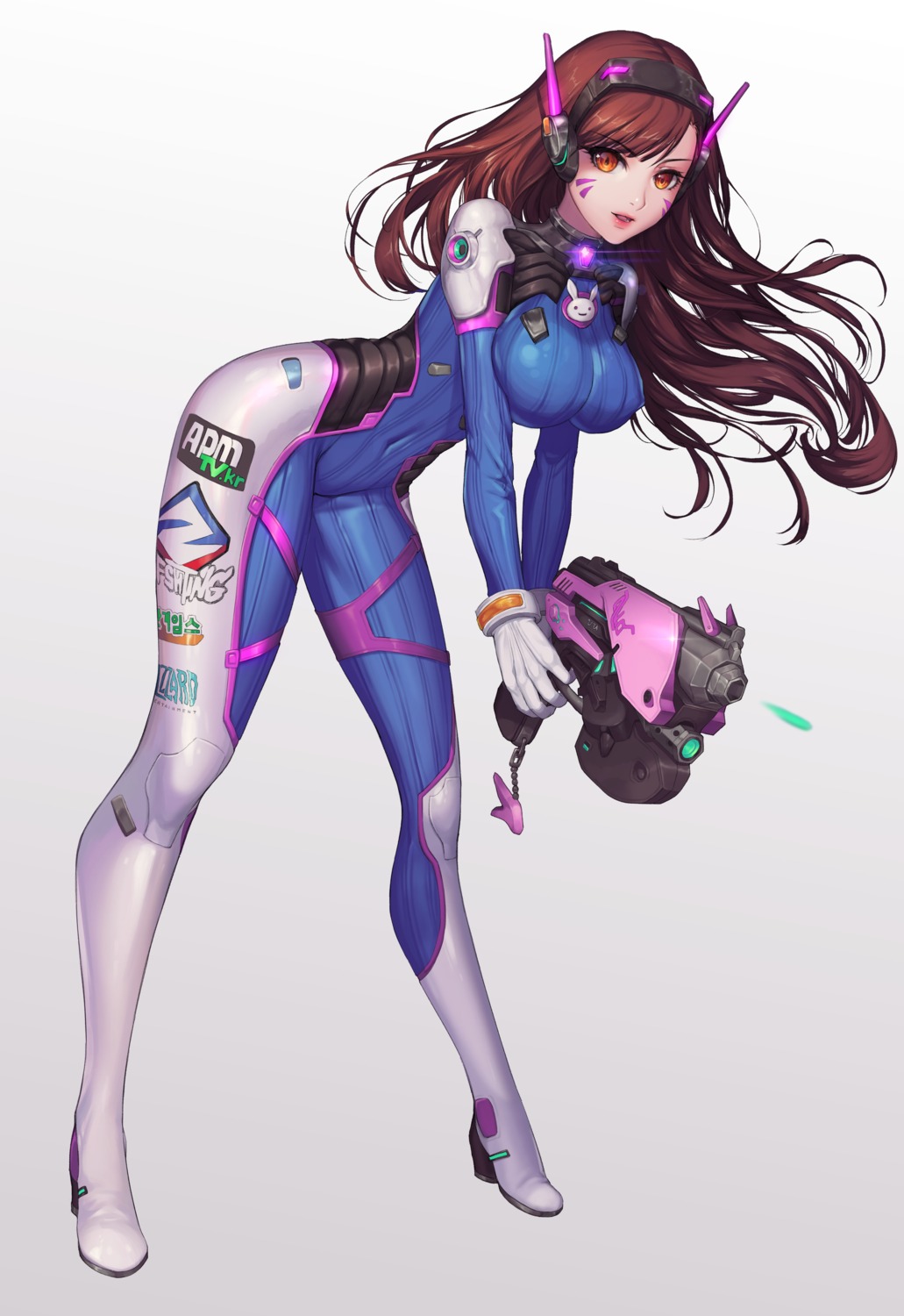 bodysuit d.va erect_nipples gun hayanpool headphones heels overwatch