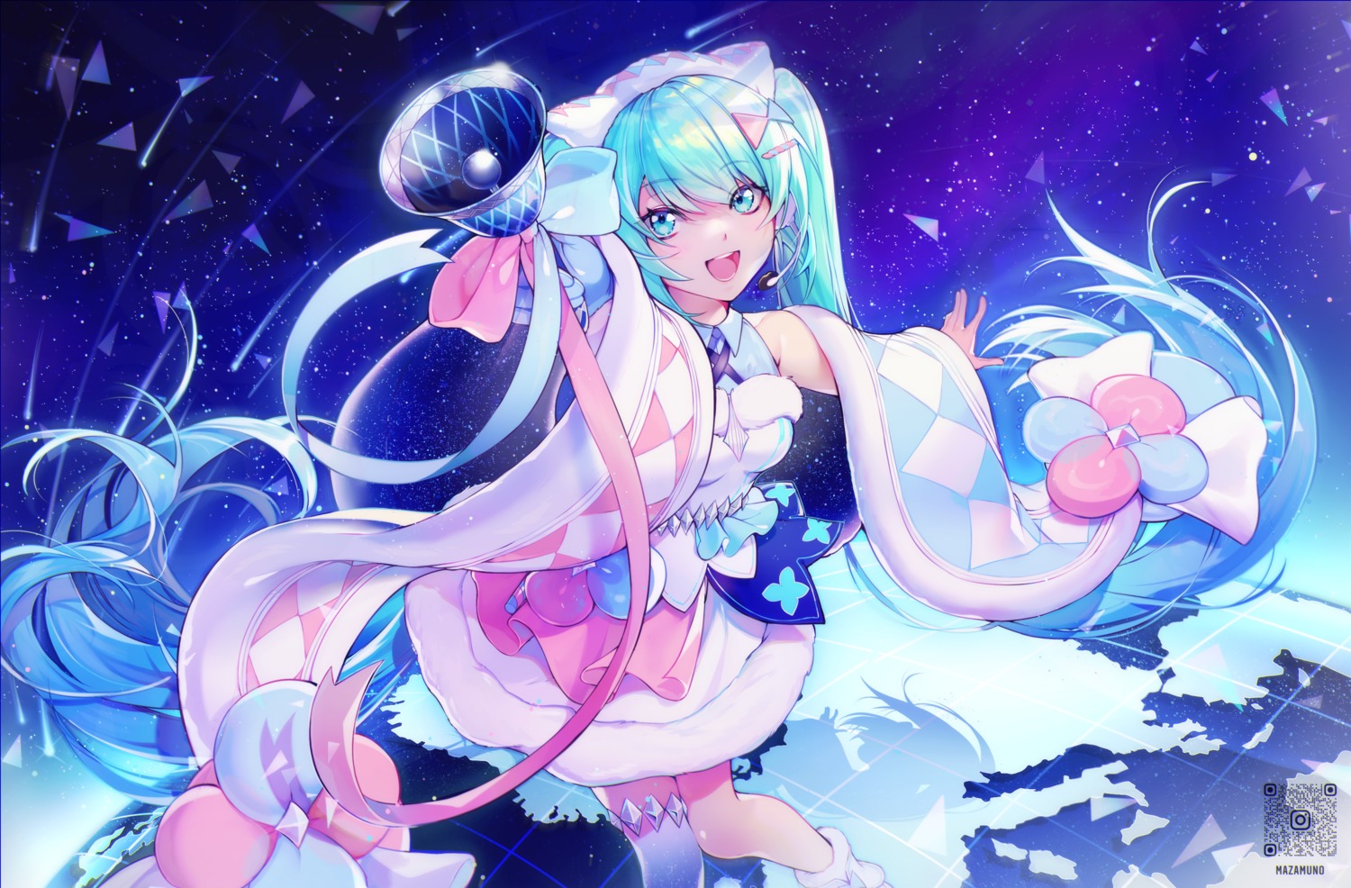 dress garter hatsune_miku headphones magical_mirai mazamuno thighhighs vocaloid watermark