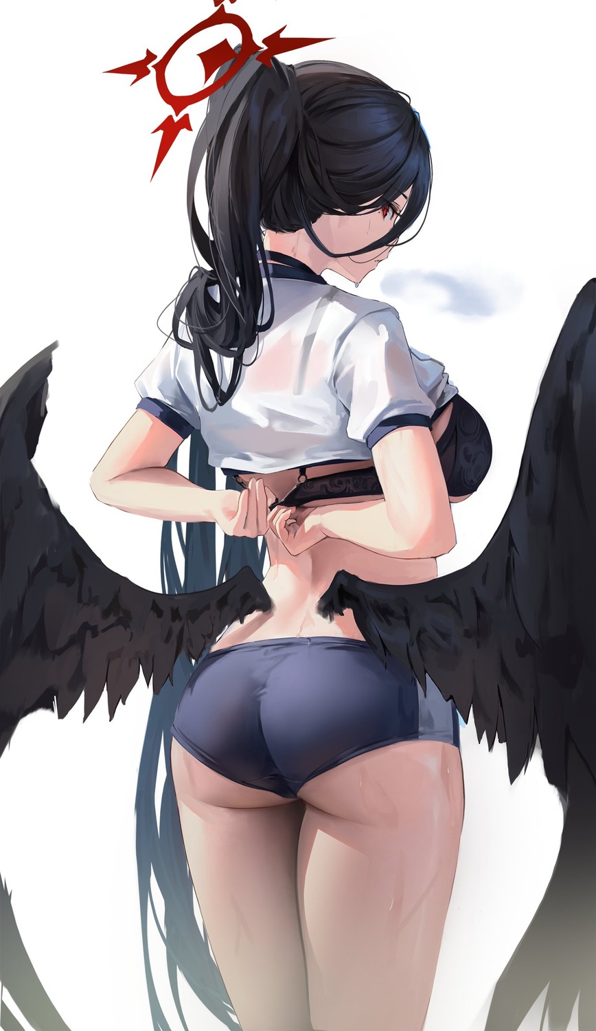 angel ass blue_archive bra buruma gym_uniform hanekawa_hasumi hiki_niito see_through shirt_lift undressing wet wet_clothes wings