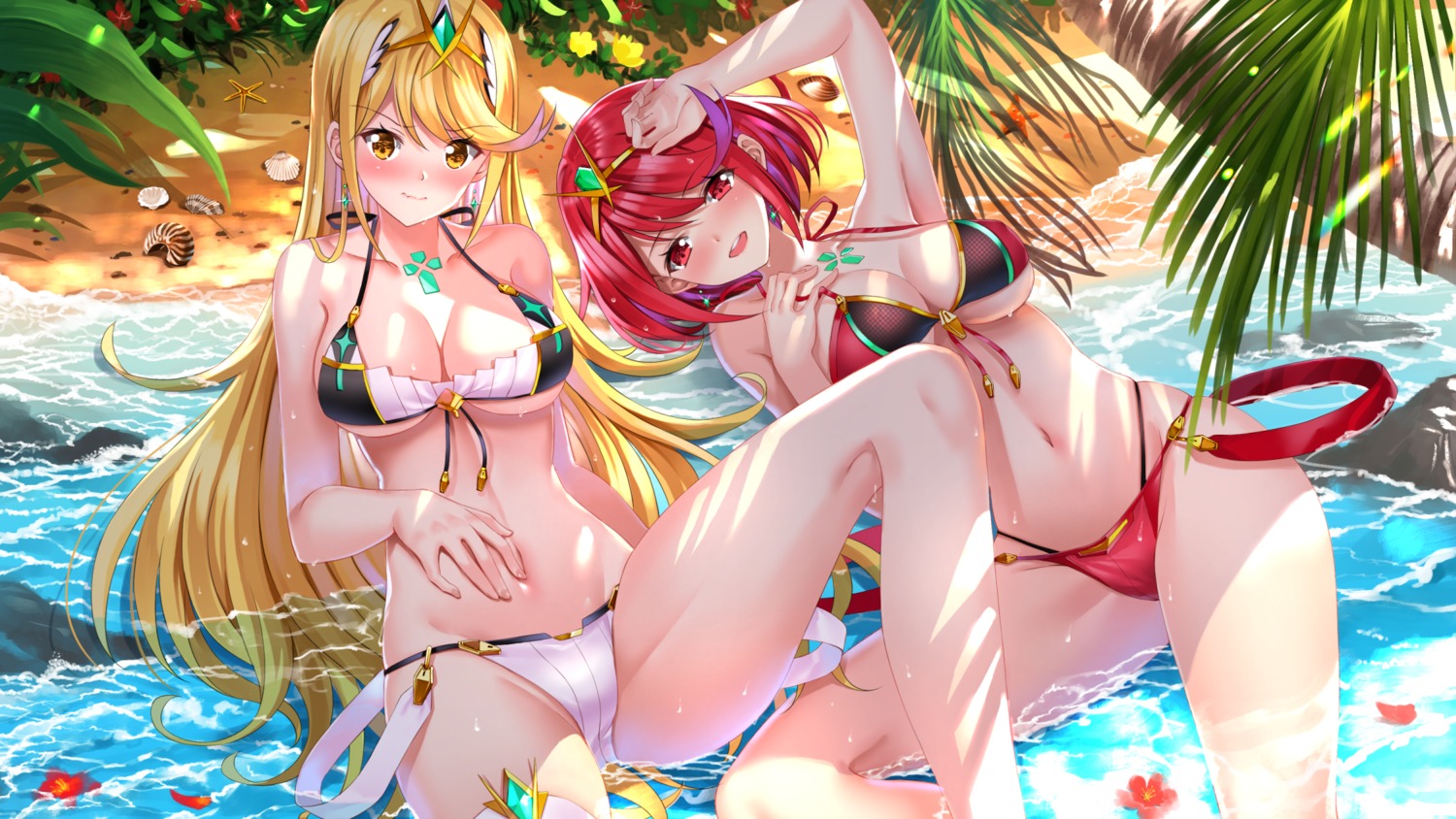 bikini cleavage garter hikari_(xenoblade_2) homura_(xenoblade_2) swimsuits swordsouls underboob wet xenoblade xenoblade_chronicles_2