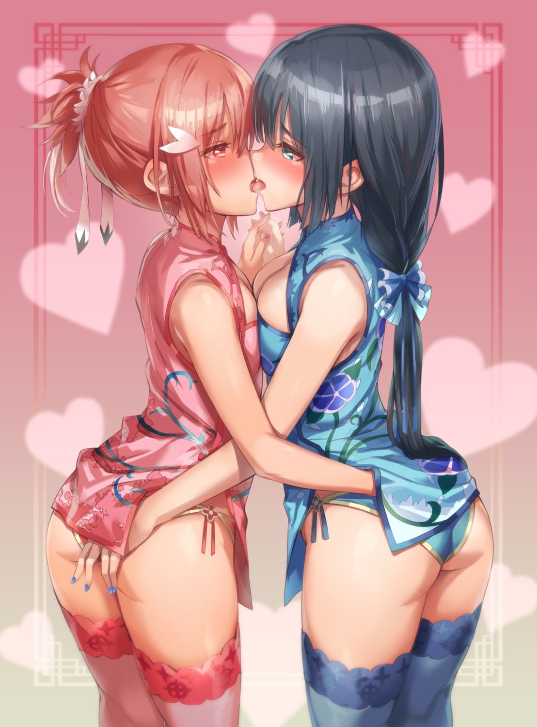 ass chinadress michairu. no_bra pantsu skirt_lift string_panties symmetrical_docking thighhighs tougou_mimori yuri yuuki_yuuna yuuki_yuuna_wa_yuusha_de_aru