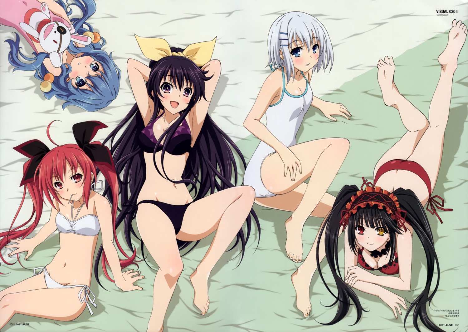 bikini cleavage date_a_live feet habe_takashi heterochromia himekawa_yoshino itsuka_kotori swimsuits tobiichi_origami tokisaki_kurumi yatogami_tooka