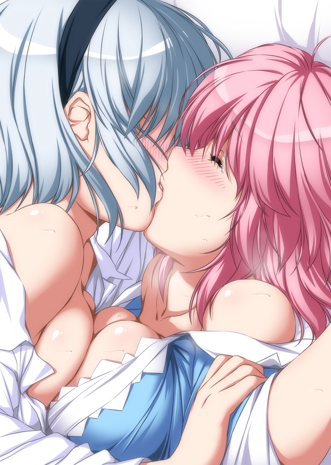 breasts konpaku_youmu no_bra nori_tamago open_shirt saigyouji_yuyuko symmetrical_docking touhou wet yuri