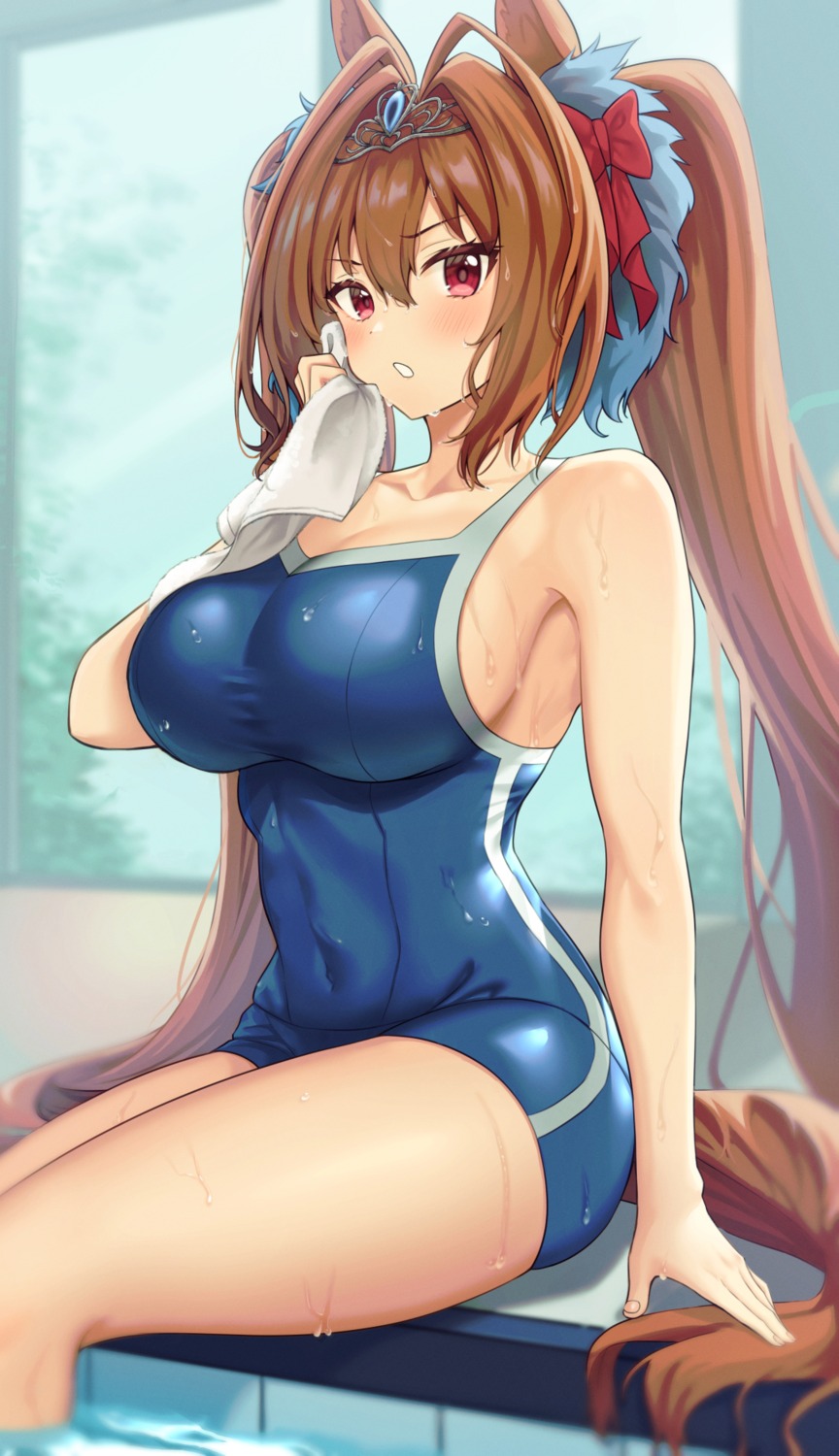 animal_ears cleavage daiwa_scarlet_(umamusume) murousaisei123 school_swimsuit swimsuits tail uma_musume_pretty_derby wet