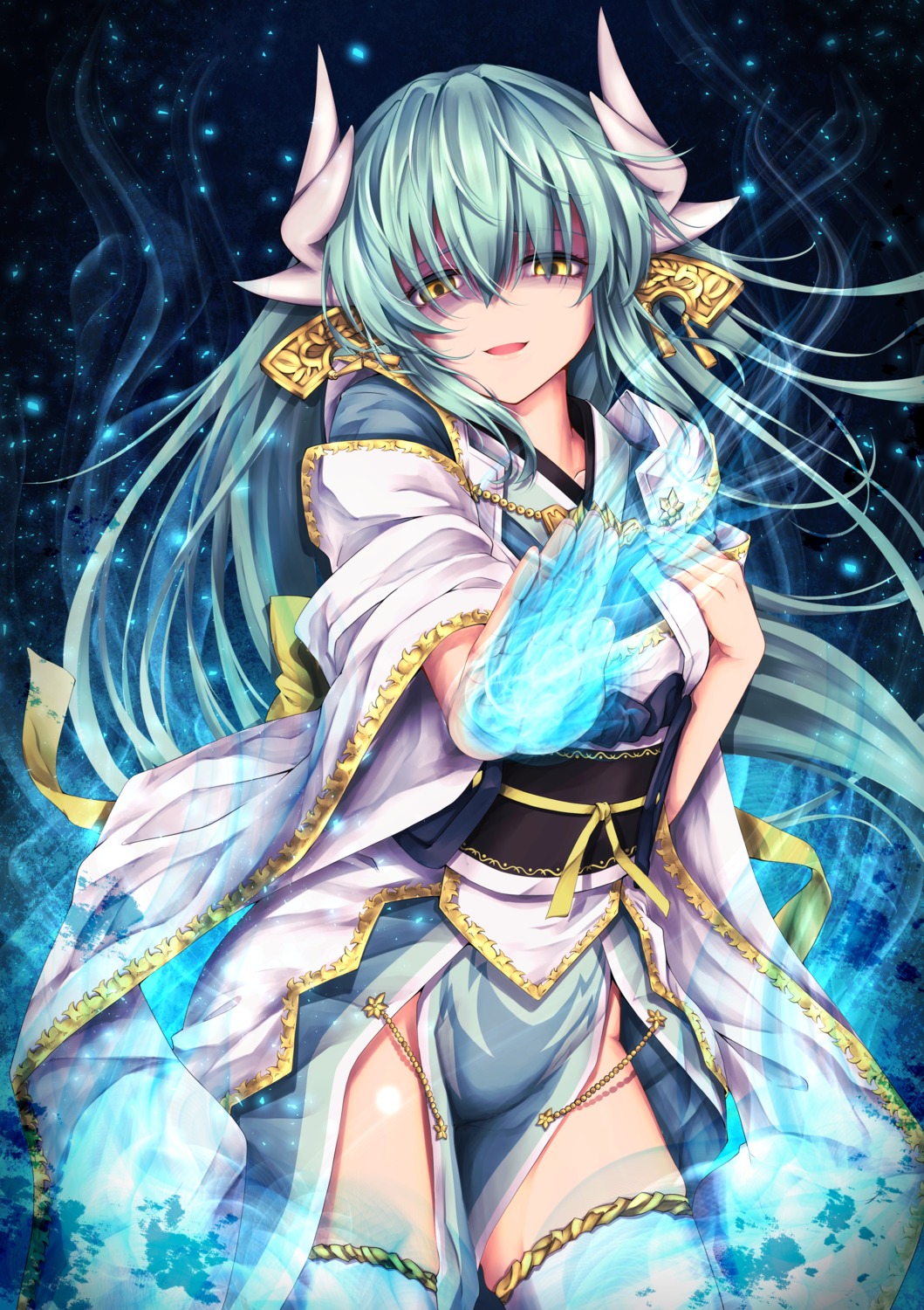 fate/grand_order horns japanese_clothes kiyohime_(fate/grand_order) kuromu thighhighs