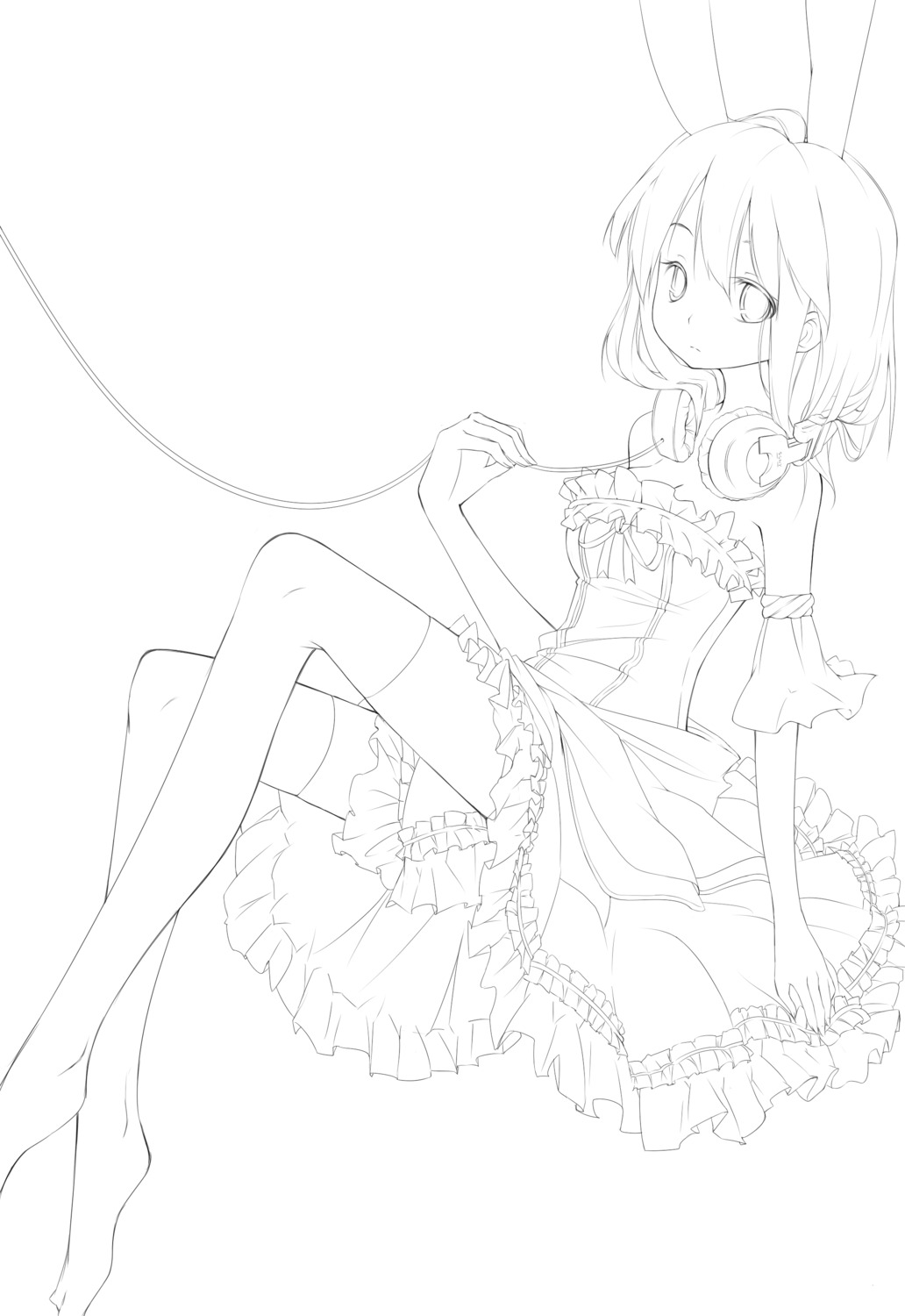 animal_ears dress headphones jong_tu line_art monochrome thighhighs