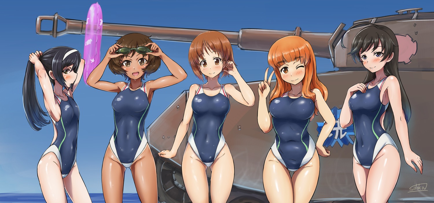 akiyama_yukari girls_und_panzer isuzu_hana nishizumi_miho reizei_mako solokov swimsuits takebe_saori wet