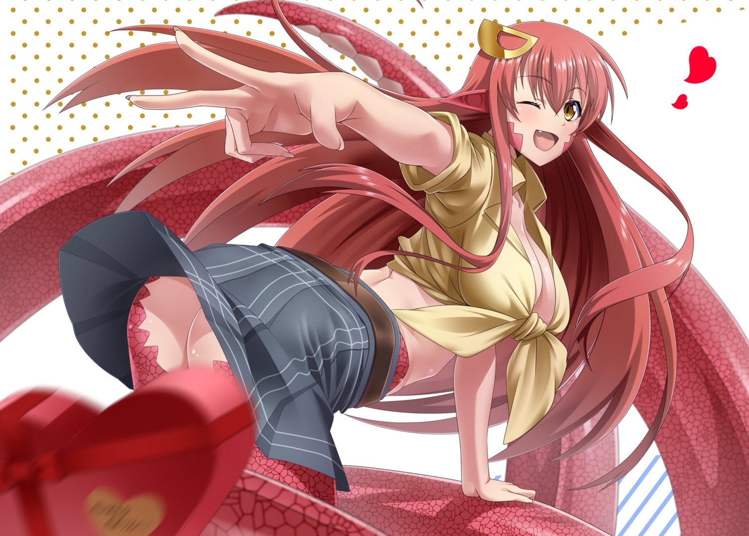 ass kagiyama_(clave) miia_(monster_musume) monster_girl monster_musume_no_iru_nichijou nopan pointy_ears skirt_lift tail valentine wardrobe_malfunction