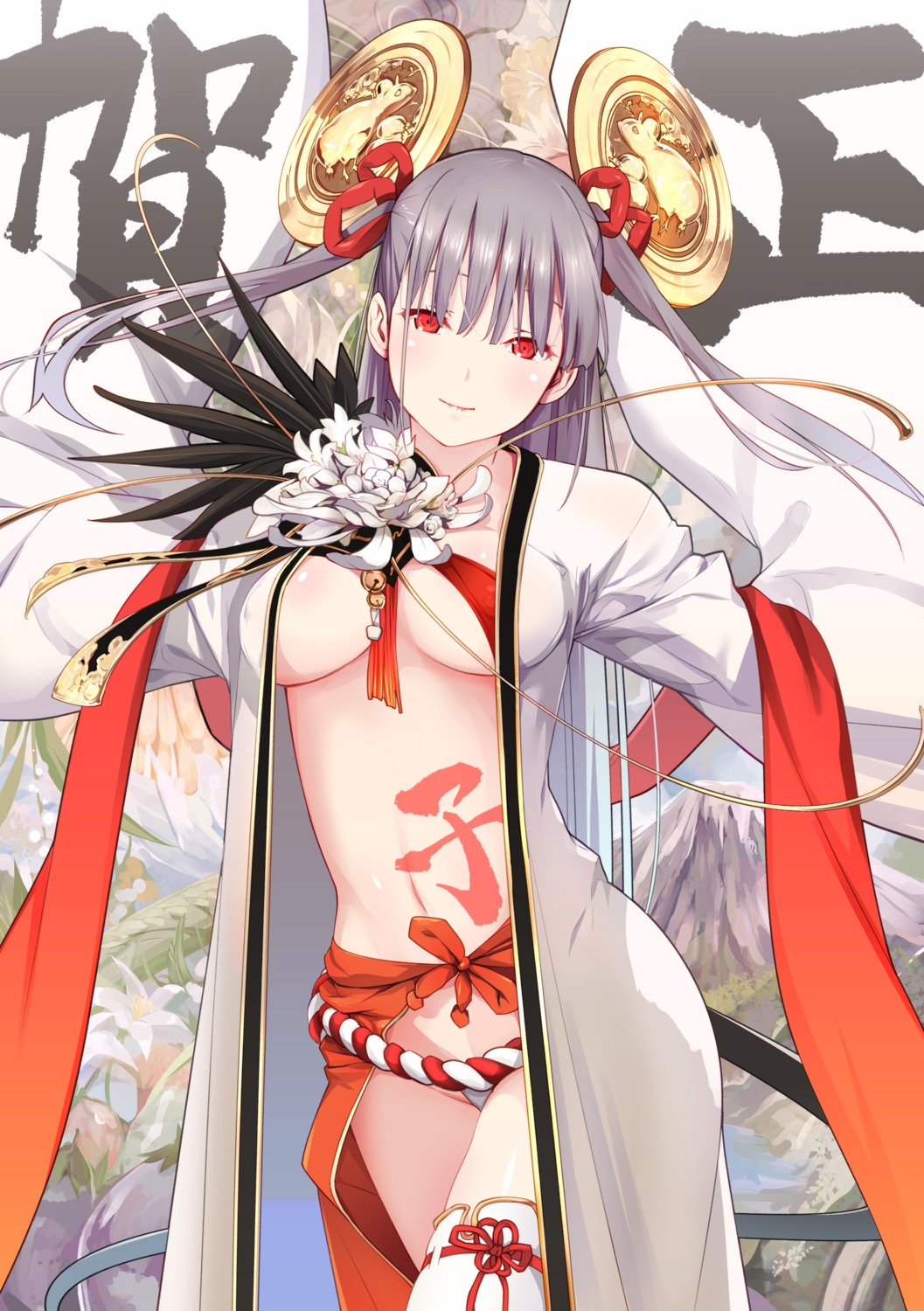 animal_ears fundoshi japanese_clothes no_bra open_shirt re_lucy tail tattoo thighhighs