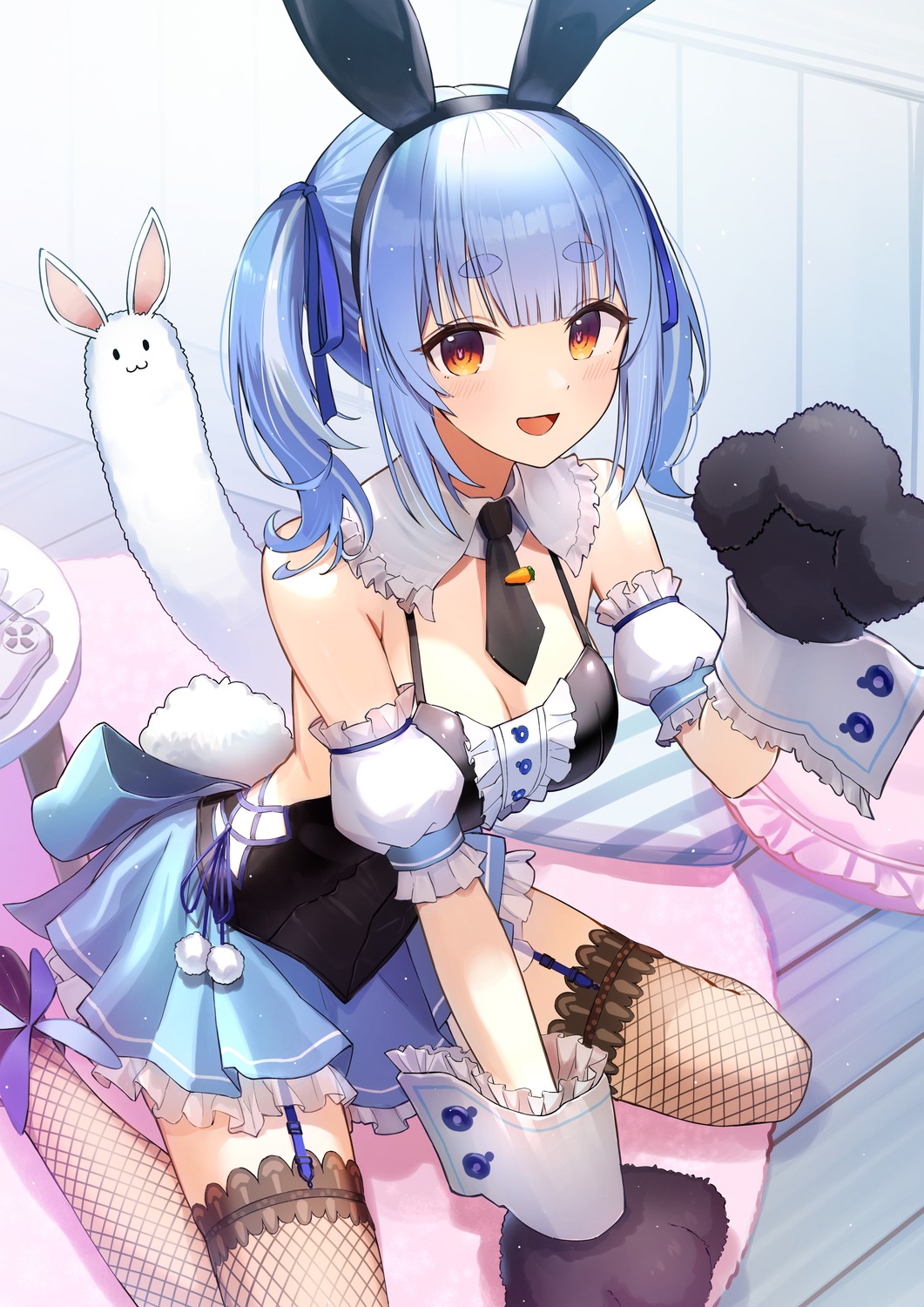 animal_ears bunny_ears fishnets hololive mimihachi no_bra stockings tail thighhighs usada_pekora