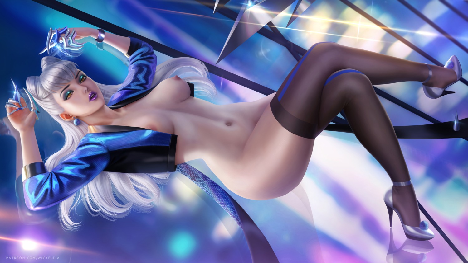 bottomless breasts evelynn heels league_of_legends nipples no_bra open_shirt thighhighs wickellia