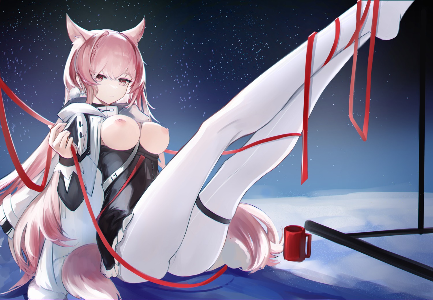 animal_ears arknights breasts garter mizuhashi_parusui nipples no_bra pantyhose pozyomka_(arknights) skirt_lift tail