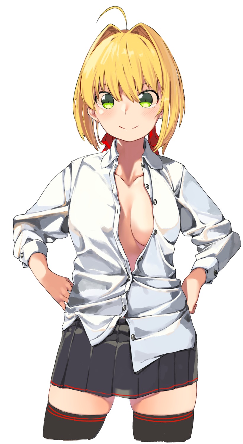 fate/extra fate/extra_ccc fate/stay_night kei_(soundcross) no_bra open_shirt saber_extra thighhighs