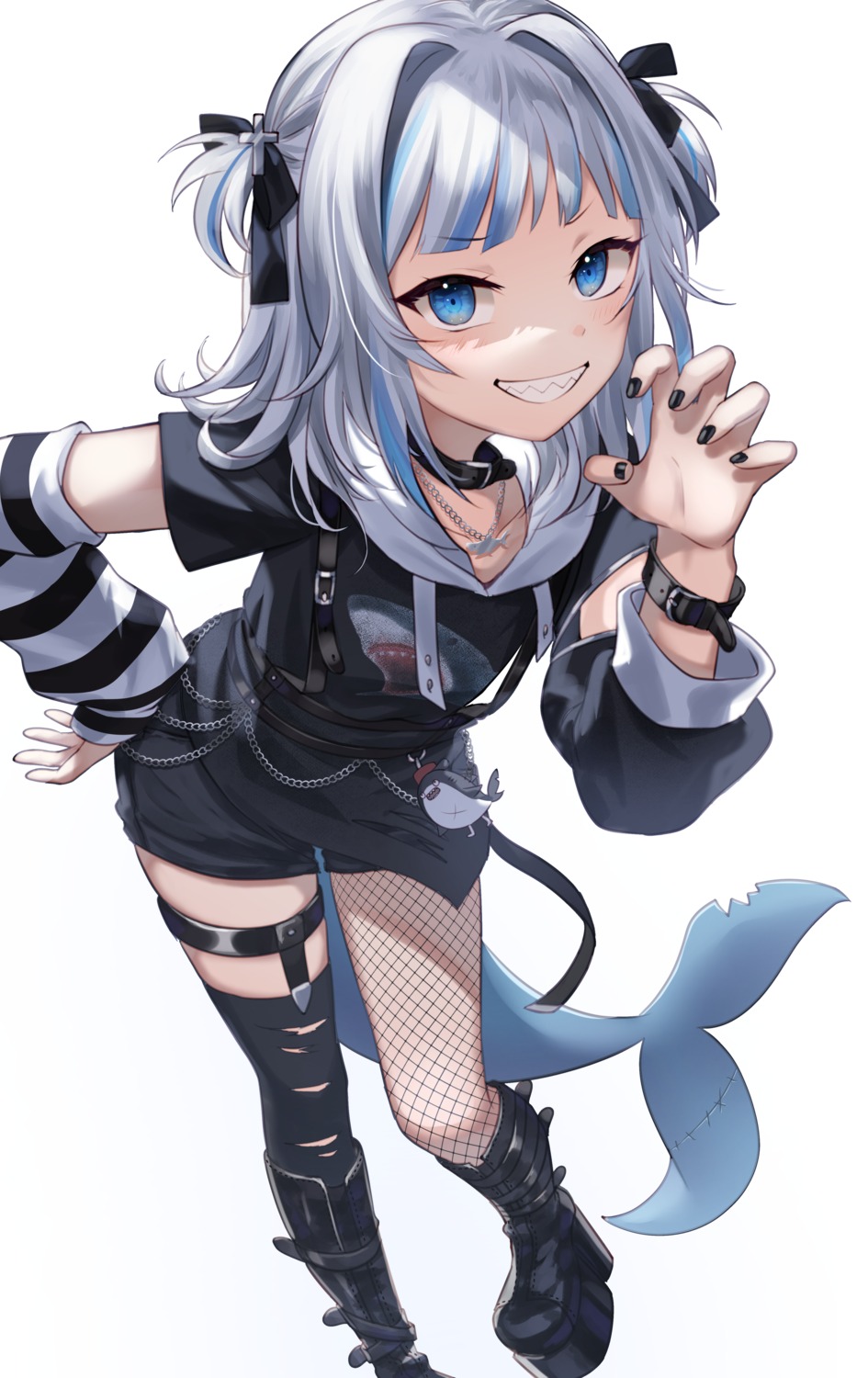 eto_sister fishnets garter gawr_gura hololive hololive_english stockings tail thighhighs torn_clothes