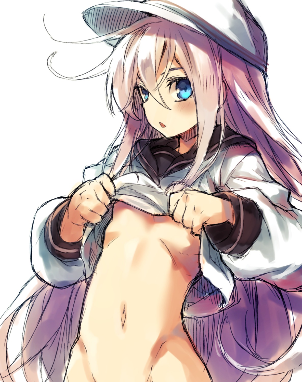 bottomless hibiki_(kancolle) kantai_collection loli no_bra redcomet shirt_lift sketch underboob verniy_(kancolle)