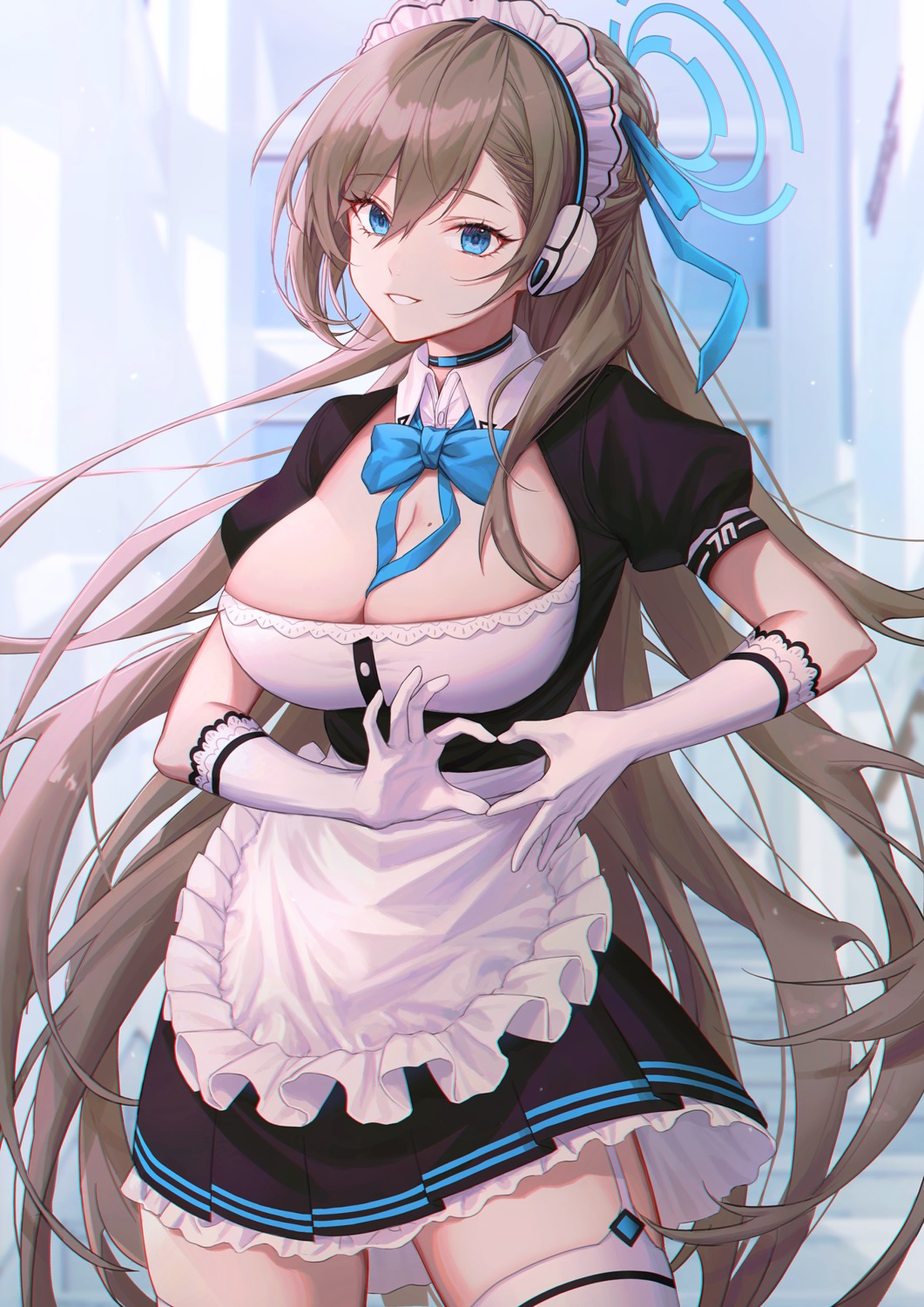 blue_archive cleavage halo hyun9164 ichinose_asuna maid no_bra stockings thighhighs